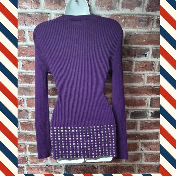 ots Purple RibbedโV-Neck Sweater Large Long Sleeve Studded Hem Lightweight - Picture 3 of 8